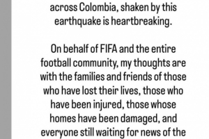因凡蒂诺社媒发文,代表FIFA对哥伦比亚地震灾民表达慰问