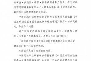中足联官方:广西恒宸外援拉普辛实施暴力行为,禁赛3场罚款3万元