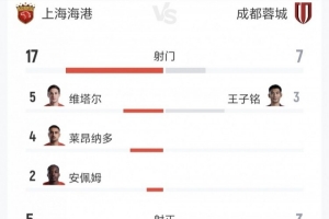 海港vs蓉城全场数据:射门17-7、射正5-3、得分机会5-2、黄牌5-1